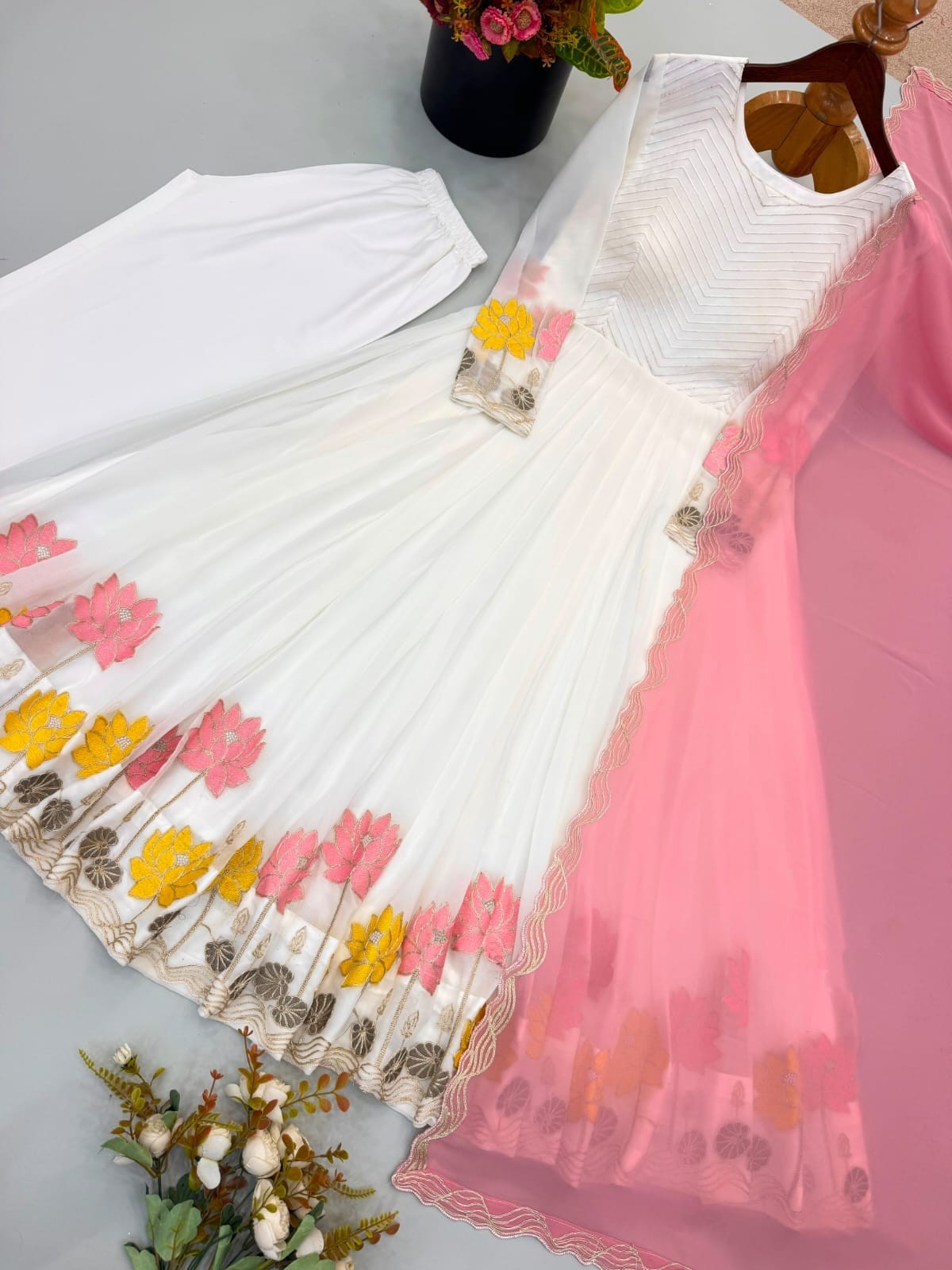 Designer Faux Georgette Embroidered Straight Salwar Set with Pant & Dupatta